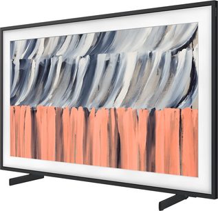 Samsung The Frame TQ43LS03HE TV i sort på fødder, tynd ramme med abstrakt værk i grå, hvid og koral på skærmen