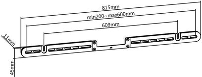 Suport de perete negru pentru soundbar, vedere laterală cu dimensiuni minime și maxime în milimetri