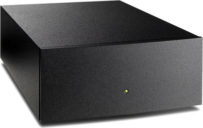 Involucro rettangolare nero opaco Naim Audio StageLine, vista dall'alto, con LED verde sulla parte frontale e connettori sul retro