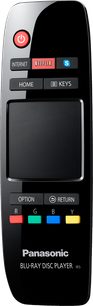 Sort Panasonic DMP-BDT320 fjernbetjening med røde, grønne, blå og gule knapper, set forfra