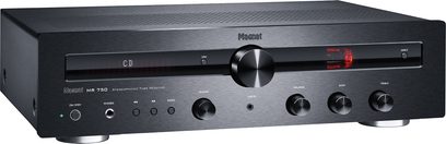 Magnat MR 750 sort hi-fi stereforstærker, front med knapper, drejeknapper, LED-display, hovedtelefonstik og aux-indgang