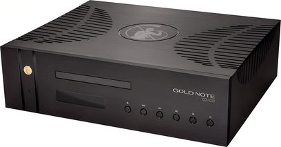Gold Note CD-1000 sort CD-afspiller, frontvisning, sort front med logo, knapper og display, ventilationsgitter