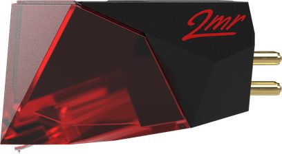 Cellule platine vinyles Ortofon 2MR red, vue de dessus en perspective, corps noir mat, pointe de lecture rouge translucide