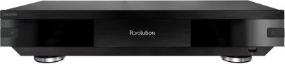 R_volution DIY-X700 -mediasoitin, musta, harjatusta alumiinista valmistettu etupaneeli, etunäkymä, jossa USB-portti etupaneelissa
