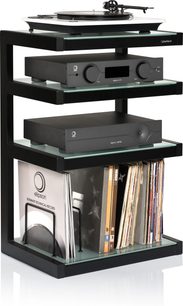 Norstone Design Esse hifi vinile nero / frost, mobile rettangolare a 4 ripiani, giradischi, amplificatori, dischi in vinile