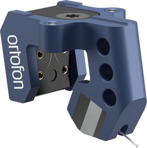 Ortofon MC 90X mėlyno metalo hi-fi patefono galvutė su 4 paauksuotais jungtimis, juodu paviršiumi ir sidabriniu antgaliu