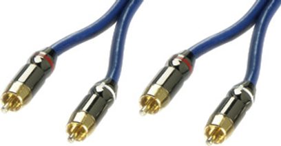 To blå Lindy RCA-lydkabler med forgyldte RCA-stik, set forfra på hvid baggrund