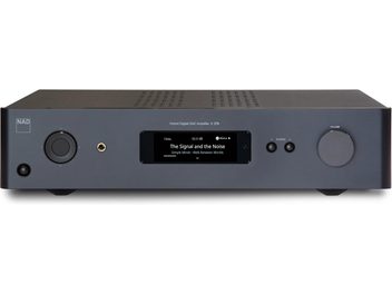 Wzmacniacz hi-fi stereo NAD C 379, widok z przodu, czarna obudowa, centralny ekran wyświetlający "The Signal and the Noise", przyciski i gniazda na przednim panelu