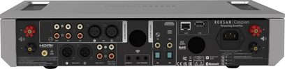 Integrert stereo hi-fi-forsterker Roksan CASPIAN 4G streaming sølv, bakside, RCA-, XLR-, HDMI-, LAN-, USB-kontakter, høyttalerterminaler