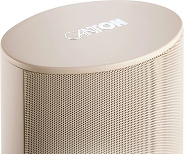 Grindinė kolonėlė Canton Puro 90 smėlio spalvos, viršaus stambus planas su perforuota grotele ir logotipu ant gaubto