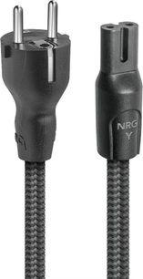Síťový napájecí kabel Audioquest NRG-Y2 2 m, černý s nylonovým opletem, čelní pohled na dvoukolíkovou vidlici Schuko a na ženský konektor IEC C7 s nápisem „NRG Y“