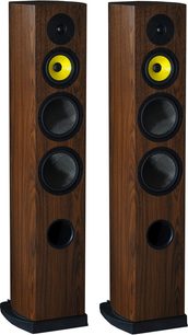 Dva sloupové reproduktory z tmavého dřeva s černými a žlutými reproduktory, pohled zepředu, na bílém pozadí