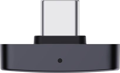 Компактен черен безжичен предавател Questyle QCC DONGLE PRO USB-C, изглед отпред с малък светодиод в предната част