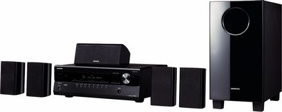 Onkyo HT-S5305 home theater system consisting of an AV receiver, 5 compact speakers and a subwoofer, front view