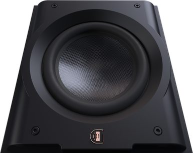 Касон на нискочестотен Perlisten R10s, преден изглед, централна кръгла колонка с текстурирана мембрана, мат черна рамка, лого в долната част