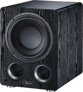 Sort Alpha RS 8 subwoofer med rektangulært kabinet, tekstureret frontpanel, centralt cirkulært højttalerelement, 2 runde basrefleksporte