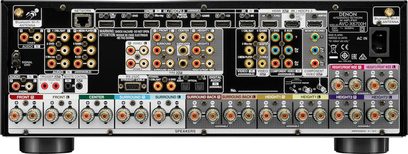 Denon AVC-X6700H sølvfarvet hjemmebiograf-forstærker, bagside, frontvisning, mange audio/video-stik og højttalerterminaler
