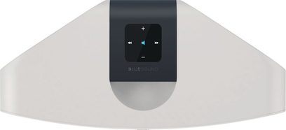 Trådløs tilkoblet BlueSound PULSE 2 høyttaler, hvit, forfra, avrundet kubisk form, hvit og svart farge