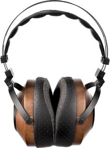 Åben træ- og metalhovedtelefon Sivga SV023, sort polstret hovedbøjle, ovale perforerede ørepuder, set forfra