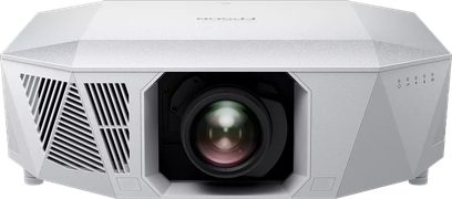 Projetor Epson EH-QL7000 branco, vista frontal, lente central, grelhas de ventilação à esquerda, botões à direita