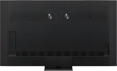 Televizor TCL 65C8K s vysokým rozlišením v černé barvě, zadní část z matného plastu s čtvercovým vzorem a dvěma centrálními kovovými disky, boční konektorové komory a centrální stojan, pohled zezadu