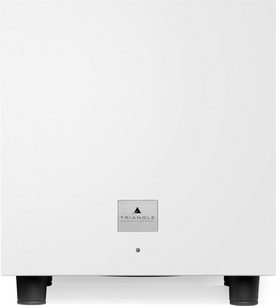 Witte mat Triangle Tales 340 subwoofer, vooraanzicht, logo in het midden, zwarte poten aan de uiteinden