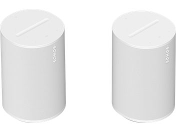 Dwa białe, cylindryczne, bezprzewodowe głośniki Sonos Era 100 z drobną siatką, ustawione obok siebie, widok z bliska