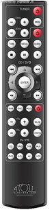 Sort fjernbetjening fra Atoll Electronique til CD/DVD-afspiller, med mange runde hvide og røde knapper og et LCD-display øverst
