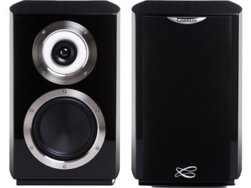 Cabasse Murano Regallautsprecher, schwarz lackiertes Gehäuse, mattschwarze Front, runde Lautsprecher aus gebürstetem Metall