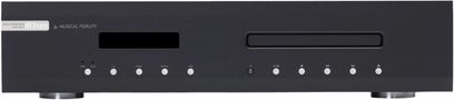Musical Fidelity M3scd sort højttro CD-afspiller med rektangulær skærm, CD-slot, 10 runde knapper og 2 cirkulære fødder