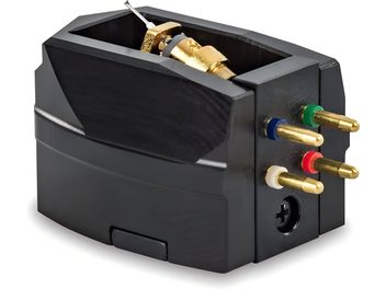 Doză phono Michell Engineering Cusis E, carcasă neagră mată, pini metalici aurii codificați pe culori, vedere 3/4 din spate