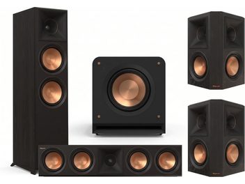 Klipsch 5.1-hemmabiosystem i svart, hornhögtalare och kopparfärgade element med subwoofer