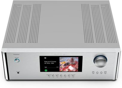 Amplificatore hi-fi integrato stereo RAS-5000, vista dall'alto, chassis rettangolare argentato, schermo centrale, manopola rotante a destra