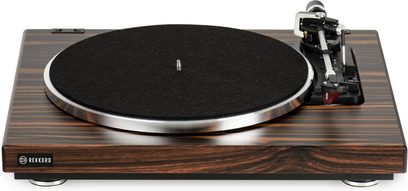 Gramofon Rekkord F400 macassar, přenoska 2M red, matně černý talíř, stříbrné raménko, dřevěná žilkovaná základna, pohled shora