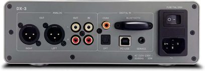 Preamplificator de căști high-fidelity Rotel DX-3 negru, carcasă metalică, vedere din spate cu ieșiri XLR dreapta și stânga, conectori RCA pentru intrare și ieșire, intrare coaxială, port optic, port USB-B, antenă Bluetooth și bloc de alimentare IEC cu întrerupător basculant