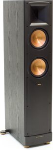 Enceinte colonne Klipsch RF-62 MkII noir, vue de face, deux haut-parleurs ronds dorés sur façade noire mate et bois clair