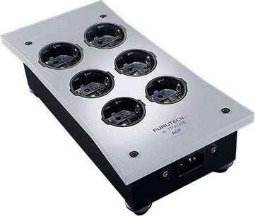 Furutech e-TP609E NCF Power Strip, silver, with 6 black round outlets on a rectangular case with switch