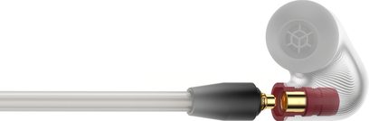 Słuchawki douszne Sennheiser IE 900 z szarymi wkładkami piankowym, złoconym zagiętym wtykiem jack, na białym tle