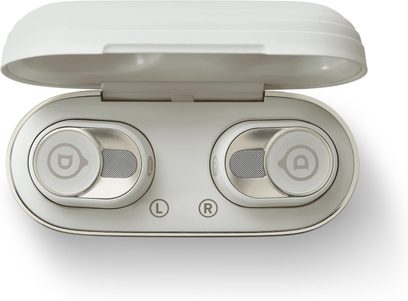 Безжични слушалки Devialet Gemini II Light Pearl в отворен калъф за зареждане, изглед отгоре
