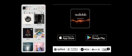 Ecranul din stânga afișează o interfață TIDAL cu 6 miniaturi, ecranul din dreapta arată un logo Audiolab 9000N și pictograme de descărcare.