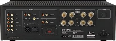 Integrovaný stereo hi-fi zesilovač Unitra WSH-805 černý, kovový šasi, zadní pohled, vstupy RCA, XLR, svorky A/B, IEC konektor