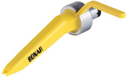 Yellow phono cartridge with black lettering, silver cylindrical body, angled arm, fine tip, viewed from a slightly lateral angle