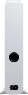Q Acoustics 3050c white floorstanding speaker, rigid material cabinet with matte finish, rear view showing black circular bass-reflex port and recessed dual binding posts