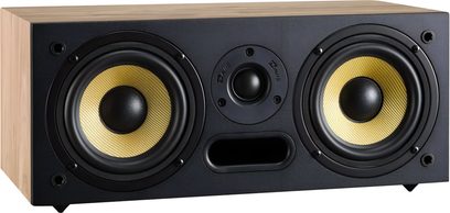 Centrální reproduktor Davis Acoustics Ariane C z lehkého dubového dřeva, černý přední panel, dva žluté woofery, tweeter, obdélníkový basový port