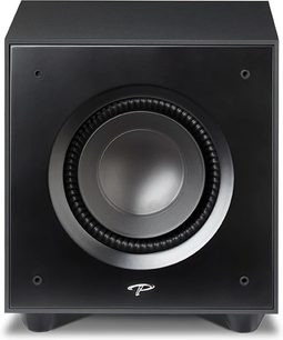 Paradigm Defiance X10 sort satineret subwoofer, frontvisning, central rund højttaler i en mat sort kubisk kabinet