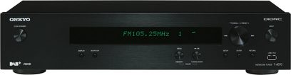 Onkyo T-4070 sort netværkstuner, frontvisning, grønt display "FM105.25MHz 1", knapper og stik på frontpanelet