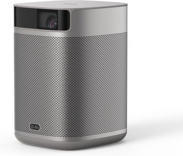 XGIMI MoGo 2 grå cylinderformet videoprojektor, med sort gitter øverst, linse og sensor på forsiden