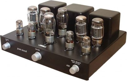 Puresound A30 sort hi-fi rørforstærker, set forfra, 10 glasrør, 3 sølvfarvede drejekontakter, mat sort rektangulært kabinet