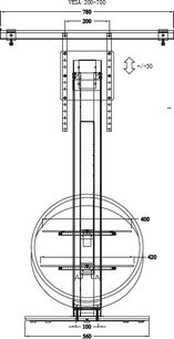 Ateca Circle sort audio-/videomøbel, set forfra med dimensioner, cirkulær struktur i sort metal og 3 glashylder