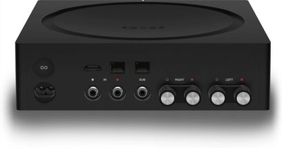 Ampli hi-fi stéréo Sonos Amp noir, vue de face, avec prises et boutons de contrôle sur la face avant